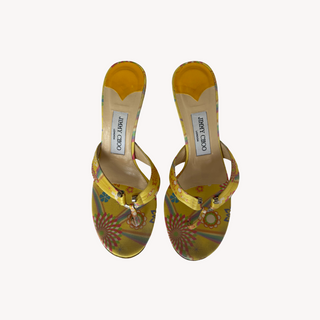 Jimmy Choo: Vintage Yellow Floral Flip Flop Kitten Heels (38.5)