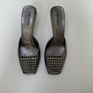 Prada Vintage Silver Crystal Kitten Heel Mules 8 7 DRAWERS