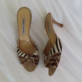 Manolo Blahnik: Vintage Animal Print Pony-Hair Mules (39.5)