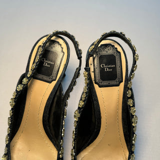 Dior: Vintage Denim Crystal Flower Heels (39)