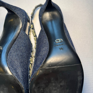 Dior: Vintage Denim Crystal Flower Heels (39)