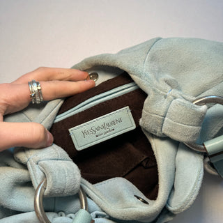 YSL: Vintage Pastel Blue Suede Rose Bag