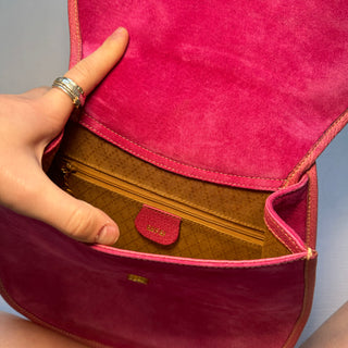 Gucci: Vintage Hot Pink Suede Horsebit Saddle Bag