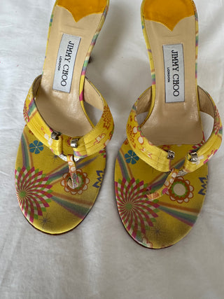 Jimmy Choo: Vintage Yellow Floral Flip Flop Kitten Heels (38.5)