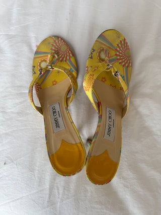 Jimmy Choo: Vintage Yellow Floral Flip Flop Kitten Heels (38.5)