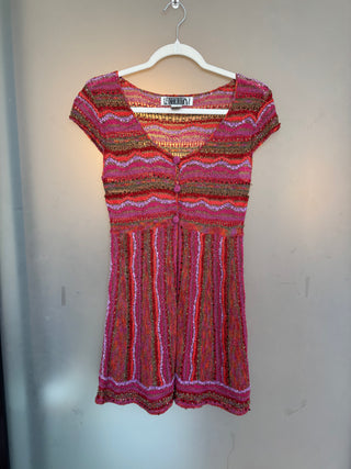 Vintage Chevron Pink Knit Beaded Mini Dress